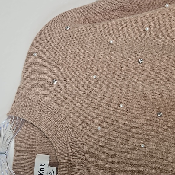 iKnit Pearl Embellished Tan Sweater (XL) Cozy Chic Pullover - Picture 5 of 11